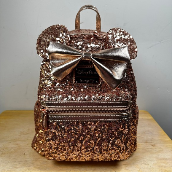Loungefly Handbags - Loungefly Disney‎ Parks Minnie Mouse Rose Gold Sequin Mini Backpack Bow NWT